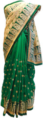 Green & Cream Designer PartyWear Silk Thread Hand Embroidery Work Saree Sari