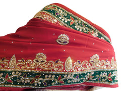 Red Designer Wedding Partywear Georgette Bullion Cutdana Thread Stone Hand Embroidery Work Bridal Saree Sari
