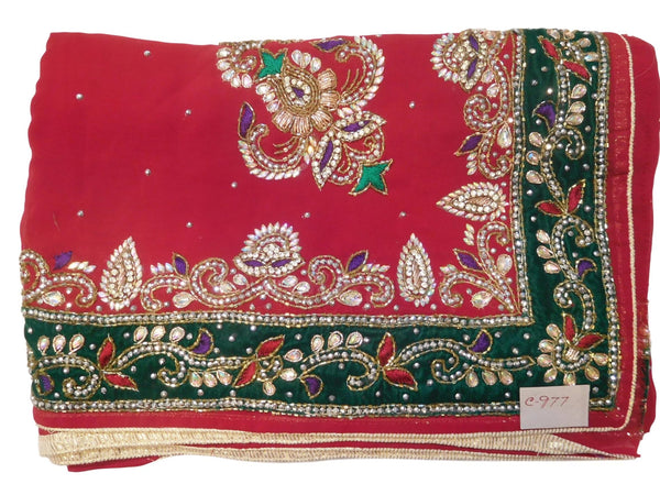 Red Designer Wedding Partywear Georgette Bullion Cutdana Thread Stone Hand Embroidery Work Bridal Saree Sari