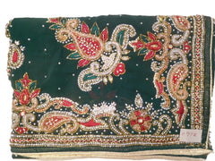 Green Designer Wedding Partywear Georgette Bullion Cutdana Thread Stone Hand Embroidery Work Bridal Saree Sari