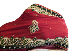 Red Designer Wedding Partywear Georgette Pearl Cutdana Thread Stone Hand Embroidery Work Bridal Saree Sari