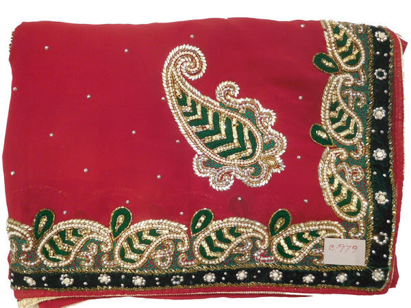 Red Designer Wedding Partywear Georgette Pearl Cutdana Thread Stone Hand Embroidery Work Bridal Saree Sari