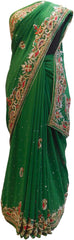Green Designer Wedding Partywear Georgette Bullion Cutdana Thread Stone Hand Embroidery Work Bridal Saree Sari
