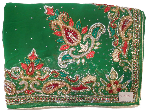 Green Designer Wedding Partywear Georgette Bullion Cutdana Thread Stone Hand Embroidery Work Bridal Saree Sari