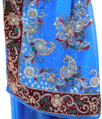 Blue Designer Wedding Partywear Georgette Bullion Cutdana Thread Stone Hand Embroidery Work Bridal Saree Sari