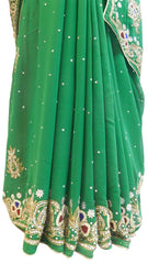 Green Designer Wedding Partywear Georgette Cutdana Thread Stone Hand Embroidery Work Bridal Saree Sari