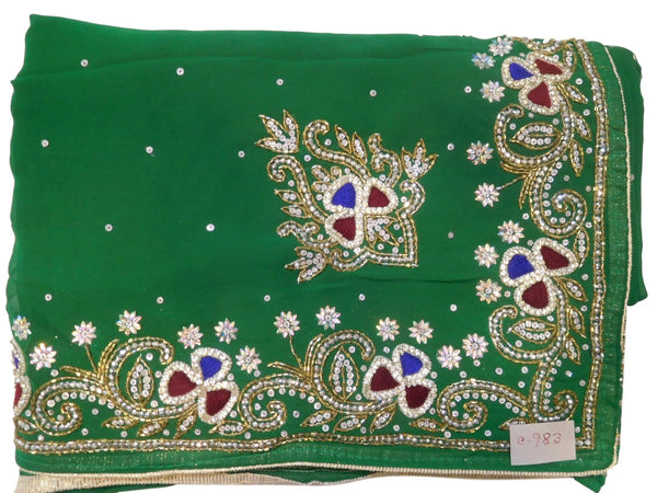 Green Designer Wedding Partywear Georgette Cutdana Thread Stone Hand Embroidery Work Bridal Saree Sari