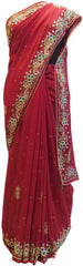 Red Designer Wedding Partywear Georgette Cutdana Thread Stone Hand Embroidery Work Bridal Saree Sari