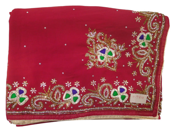 Red Designer Wedding Partywear Georgette Cutdana Thread Stone Hand Embroidery Work Bridal Saree Sari