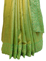 Green Designer PartyWear Silk Stone Thread Hand Embroidery Work Saree Sari