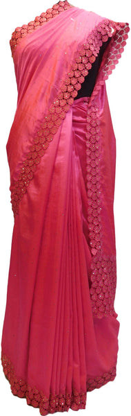 Pink Designer PartyWear Silk Stone Thread Hand Embroidery Work Saree Sari