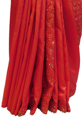 Red Designer PartyWear Silk Stone Thread Hand Embroidery Work Saree Sari