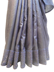 Grey Designer PartyWear Silk Stone Thread Hand Embroidery Work Saree Sari