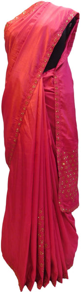 Pink Designer PartyWear Silk Stone Thread Hand Embroidery Work Saree Sari