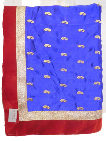 Blue Designer PartyWear Silk Zari Hand Embroidery Work Saree Sari With Red Velvet Taping