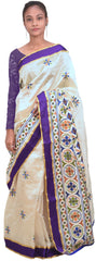 Cream Designer PartyWear Silk Thread Hand Embroidery Work Saree Sari C995