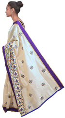 Cream Designer PartyWear Silk Thread Hand Embroidery Work Saree Sari C995