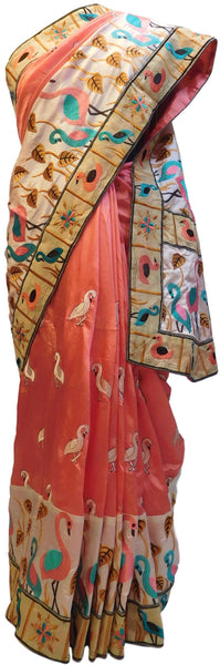 Peach & Cream Designer PartyWear Silk Thread Hand Embroidery Work Saree Sari