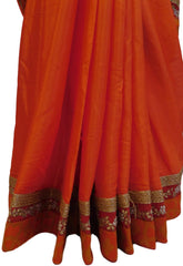 Orange Designer PartyWear Georgette (Viscos) Pearl Zari Bullion Stone Hand Embroidery Work Saree Sari