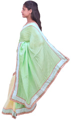 Green & Beige Designer PartyWear Georgette (Viscos) Cutdana Beads Zari Hand Embroidery Work Saree Sari