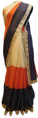 Cream Orange & Blue Designer PartyWear Georgette (Viscos) Zari Pearl Hand Embroidery Work Saree Sari
