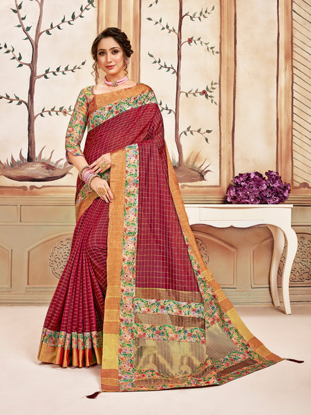 Red Cotton Checks Printed Designer Saree Sari