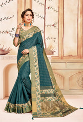 Teal Cotton Checks Printed Designer Saree Sari