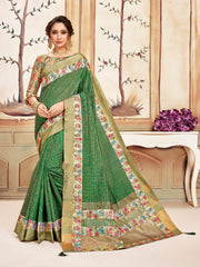 Green Cotton Checks Printed Designer Saree Sari