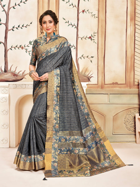 Grey Cotton Checks Printed Designer Saree Sari