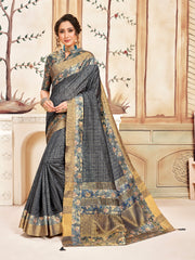 Grey Cotton Checks Printed Designer Saree Sari