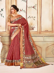 Red Cotton Checks Printed Designer Saree Sari