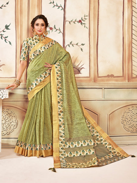 Green Cotton Checks Printed Designer Saree Sari