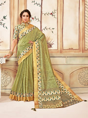 Green Cotton Checks Printed Designer Saree Sari