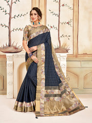 Navy Blue Cotton Checks Printed Designer Saree Sari