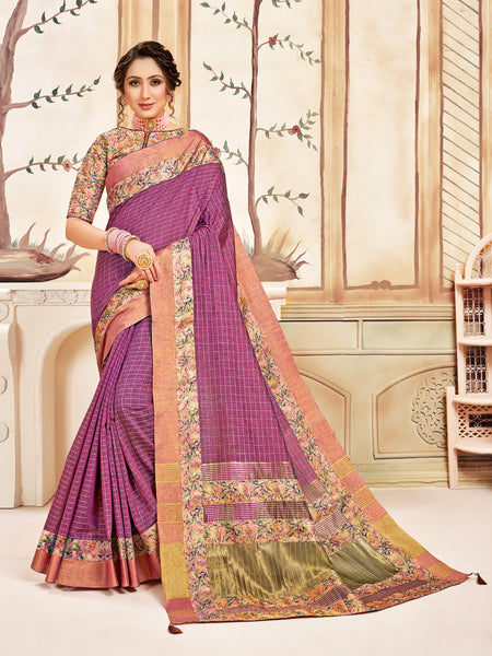 Pink Cotton Checks Printed Designer Saree Sari