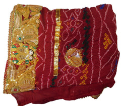 Red Designer Wedding Ceremony Pure Bandhej (2 Paat) Hand Embroidery Tested Sequence Zari Cutdana Stone Thread Work Kolkata Radha Kishan Bridal Chunari CH03