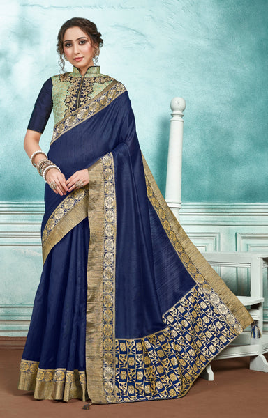 Navy Blue Jute Silk Jacquard Border Designer Saree Sari