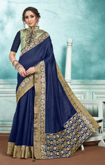 Navy Blue Jute Silk Jacquard Border Designer Saree Sari