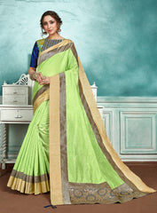 Green Jute Silk Jacquard Border Designer Saree Sari