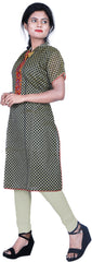SMSAREE Green & Black Designer Casual Partywear Cotton (Chanderi) Thread Hand Embroidery Work Stylish Women Kurti Kurta With Free Matching Leggings D009
