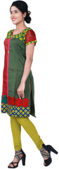 SMSAREE Red & Green Designer Casual Partywear Cotton (Chanderi) & Net Sleeves Thread Hand Embroidery Work Stylish Women Kurti Kurta With Free Matching Leggings D012