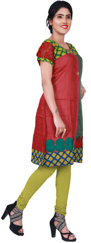 SMSAREE Red & Green Designer Casual Partywear Cotton (Chanderi) & Net Sleeves Thread Hand Embroidery Work Stylish Women Kurti Kurta With Free Matching Leggings D012