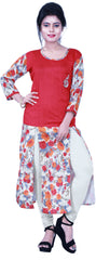 SMSAREE Red & White Designer Casual Partywear Floral Printed Raw Silk Bullion Thread & Stone Hand Embroidery Work Stylish Women Kurti Kurta With Free Matching Leggings D025
