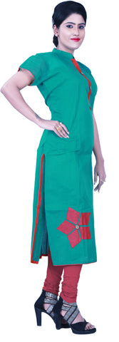 SMSAREE Turquoise Designer Casual Partywear Cotton (Chanderi) Applick Hand Embroidery Work Stylish Women Kurti Kurta With Free Matching Leggings D029