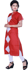 SMSAREE Red & White Designer Casual Partywear Cotton (Chanderi) Applick Hand Embroidery Work Stylish Women Kurti Kurta With Free Matching Leggings D032