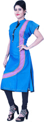 SMSAREE Blue & Pink Designer Casual Partywear Cotton (Chanderi) Thread Hand Embroidery Work Stylish Women Kurti Kurta With Free Matching Leggings D039