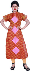 SMSAREE Red & Yellow Designer Casual Partywear Cotton (Chanderi) Applick Hand Embroidery Work Stylish Women Kurti Kurta With Free Matching Leggings D040