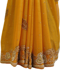 Yellow Designer PartyWear Georgette Zari Beads Stone Hand Embroidery Work Saree Sari