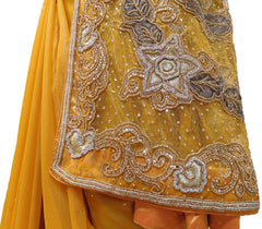 Yellow Designer PartyWear Georgette Zari Beads Stone Hand Embroidery Work Saree Sari