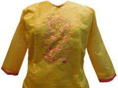Yellow Designer Cotton (Chanderi) Thread Embroidery Stone Work Kurti Kurta